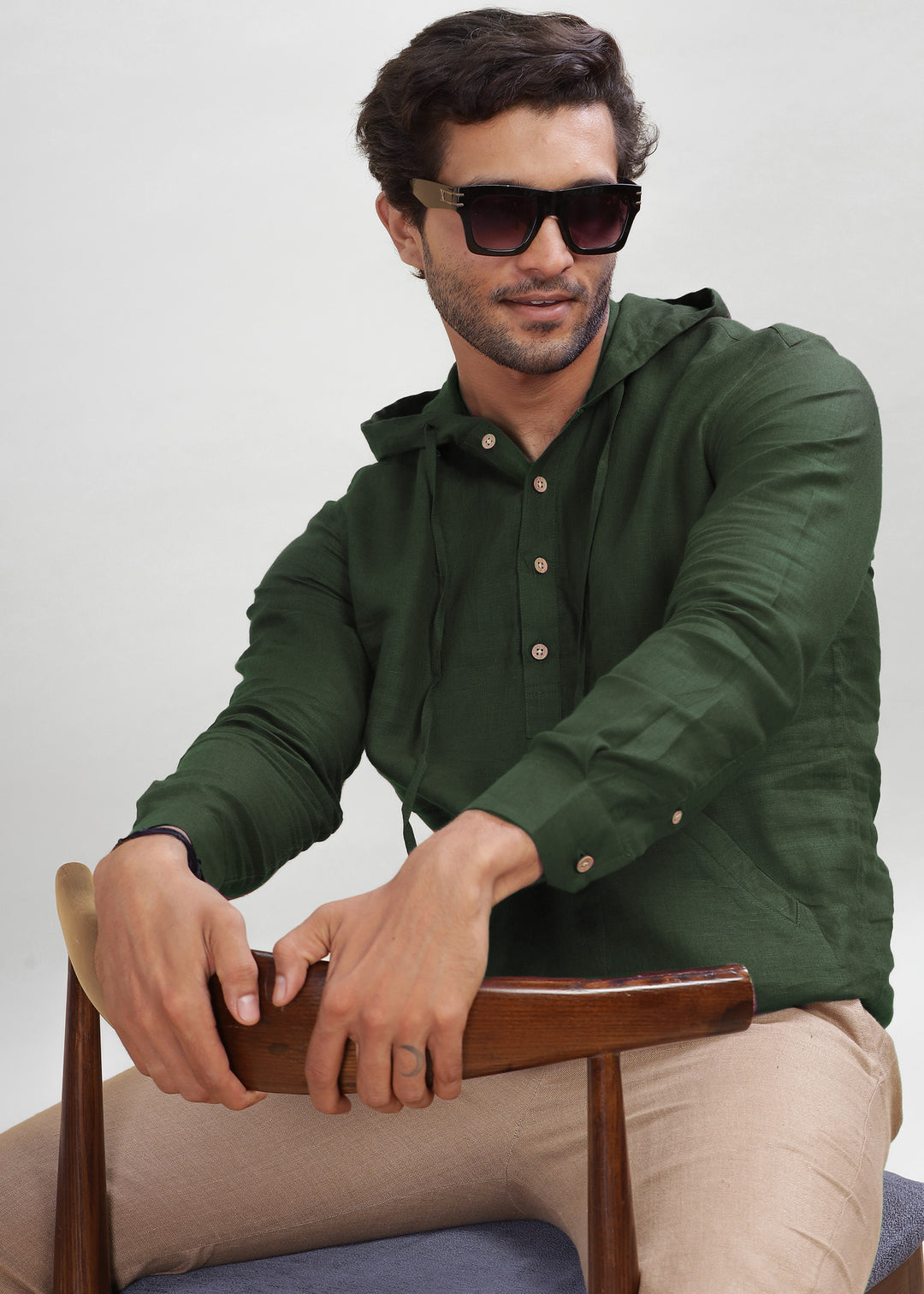Jayden - Pure Linen Hoodie - Dark Fern Green