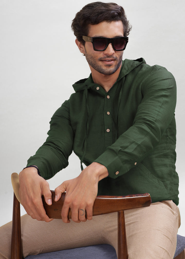 Jayden - Pure Linen Hoodie - Dark Fern Green