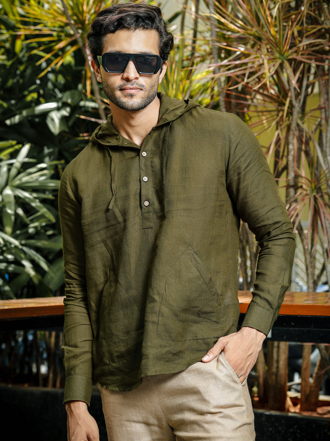 Linen Dress Shirt With Hoodie Dark Green Pure Linen Hoodie T-Shirt For Men Linen Trail Linen Dress Shirt With Hoodie Dark Green Pure Linen Hoodie T-Shirt For Men Linen Trail