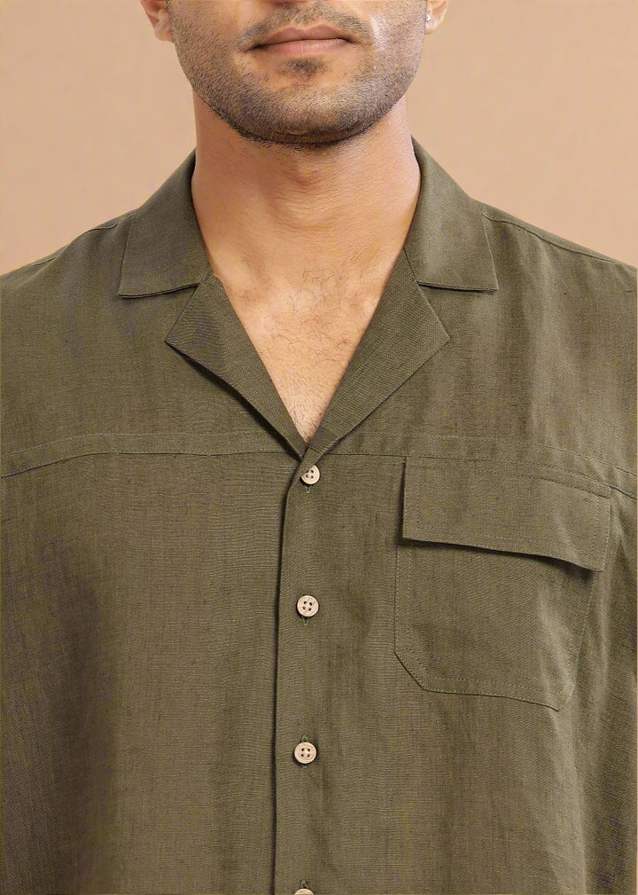 Jonas - Oversized Pure Linen Cuban Collar Short Sleeve Shirt - Moss Green