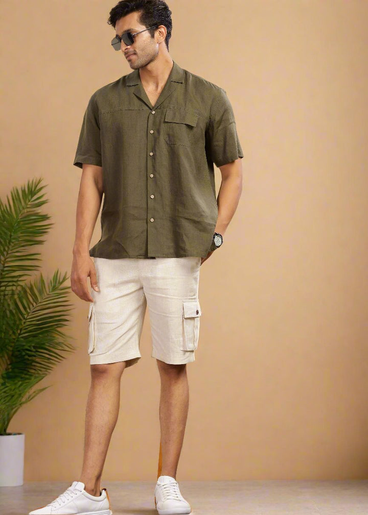 Jonas - Oversized Pure Linen Cuban Collar Short Sleeve Shirt - Moss Green