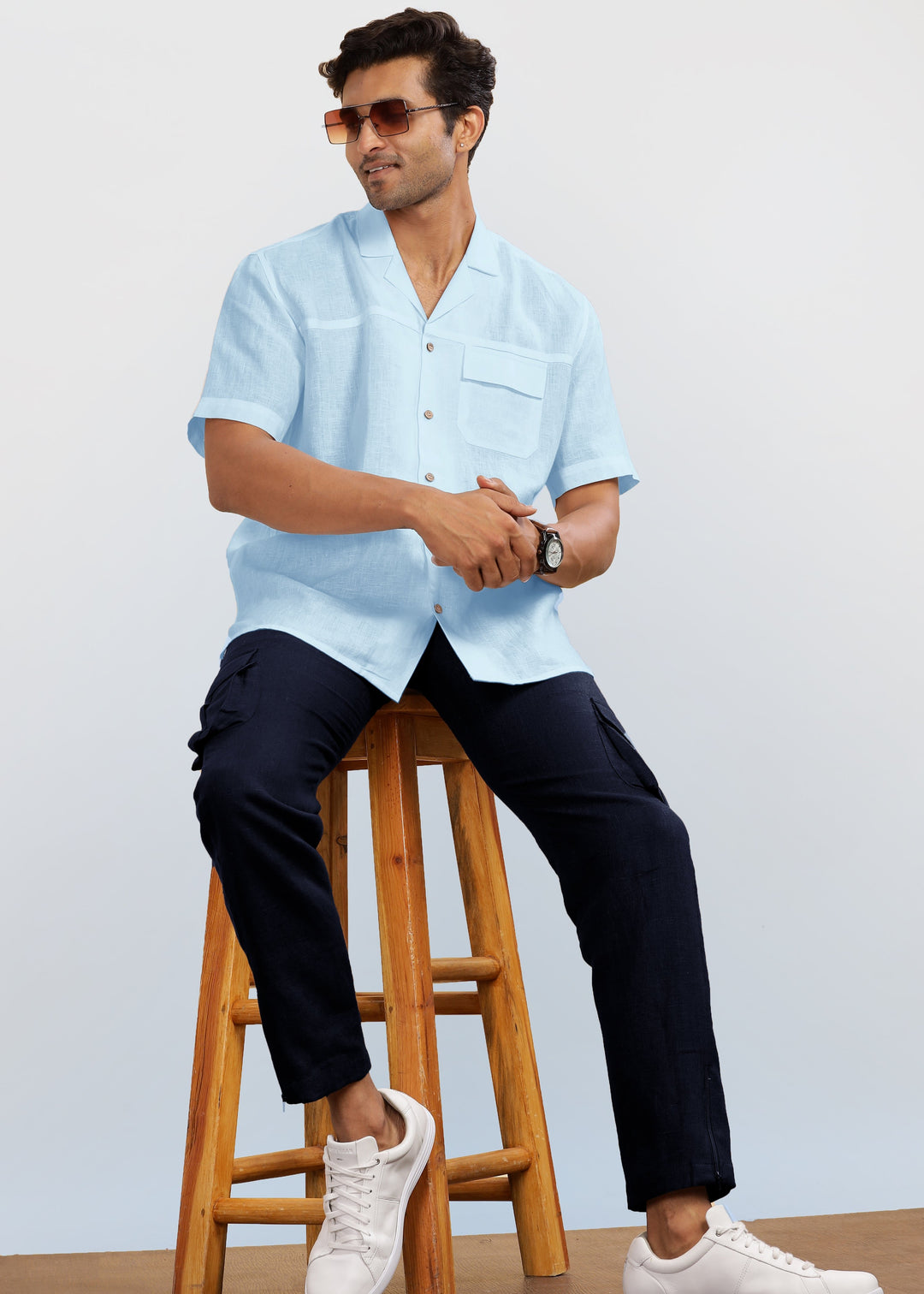 Jonas - Oversized Pure Linen Cuban Collar Short Sleeve Shirt - Sky Blue