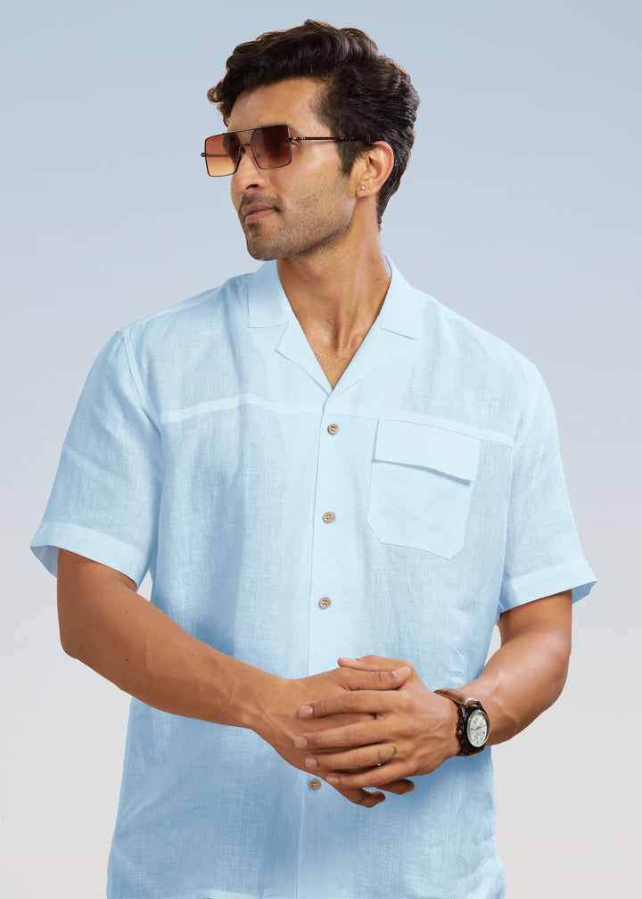 Jonas - Oversized Pure Linen Cuban Collar Short Sleeve Shirt - Sky Blue