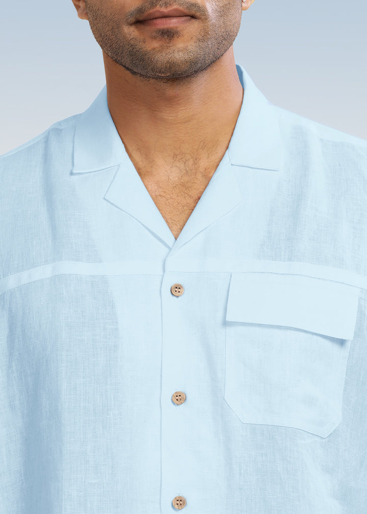 Jonas - Oversized Pure Linen Cuban Collar Short Sleeve Shirt - Sky Blue