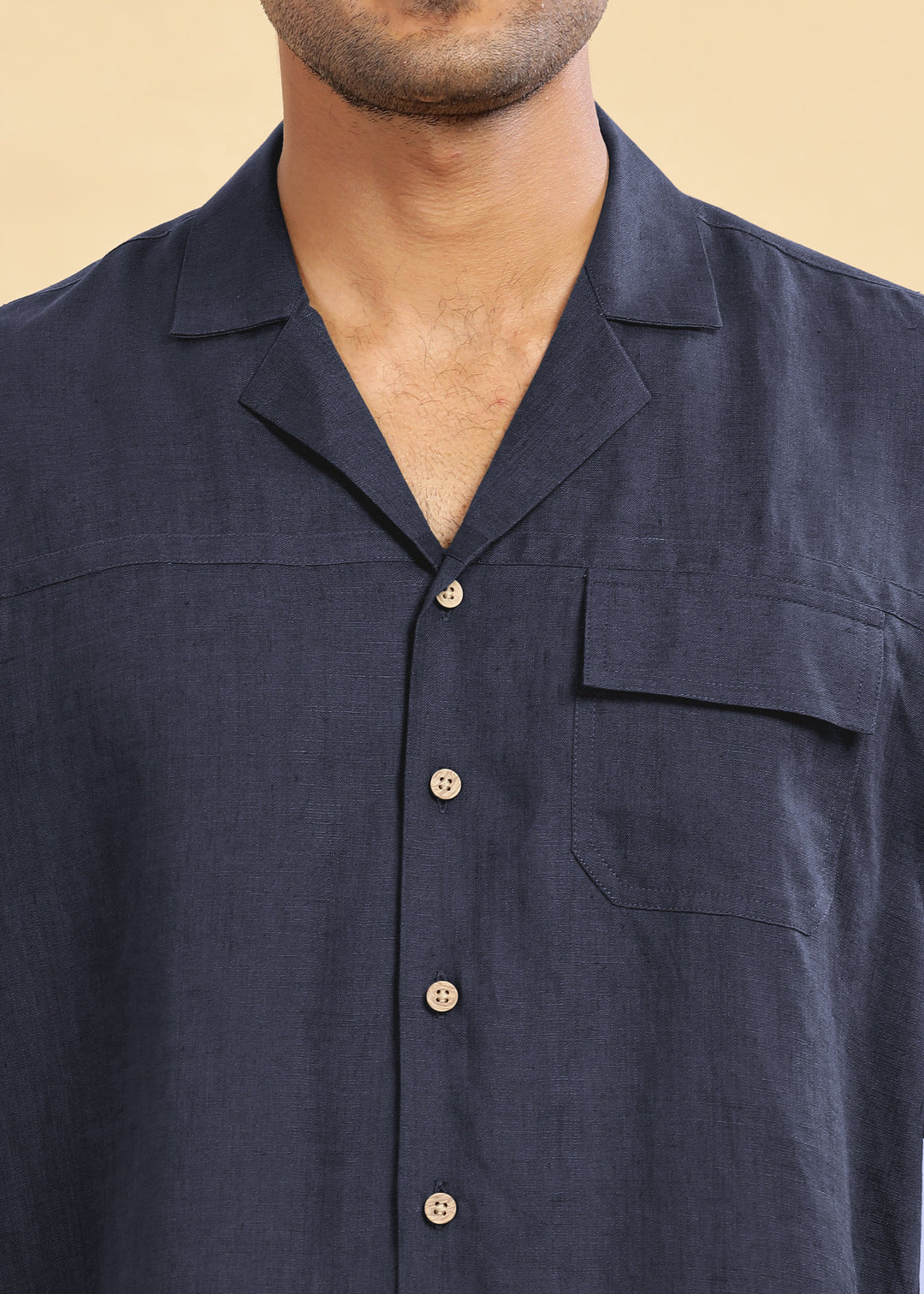 Jonas - Oversized Pure Linen Cuban Collar Short Sleeve Shirt - Navy Blue