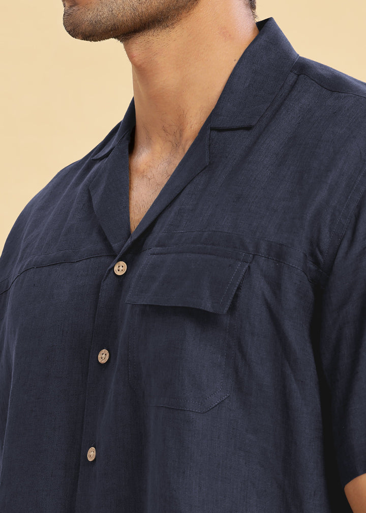 Jonas - Oversized Pure Linen Cuban Collar Short Sleeve Shirt - Navy Blue