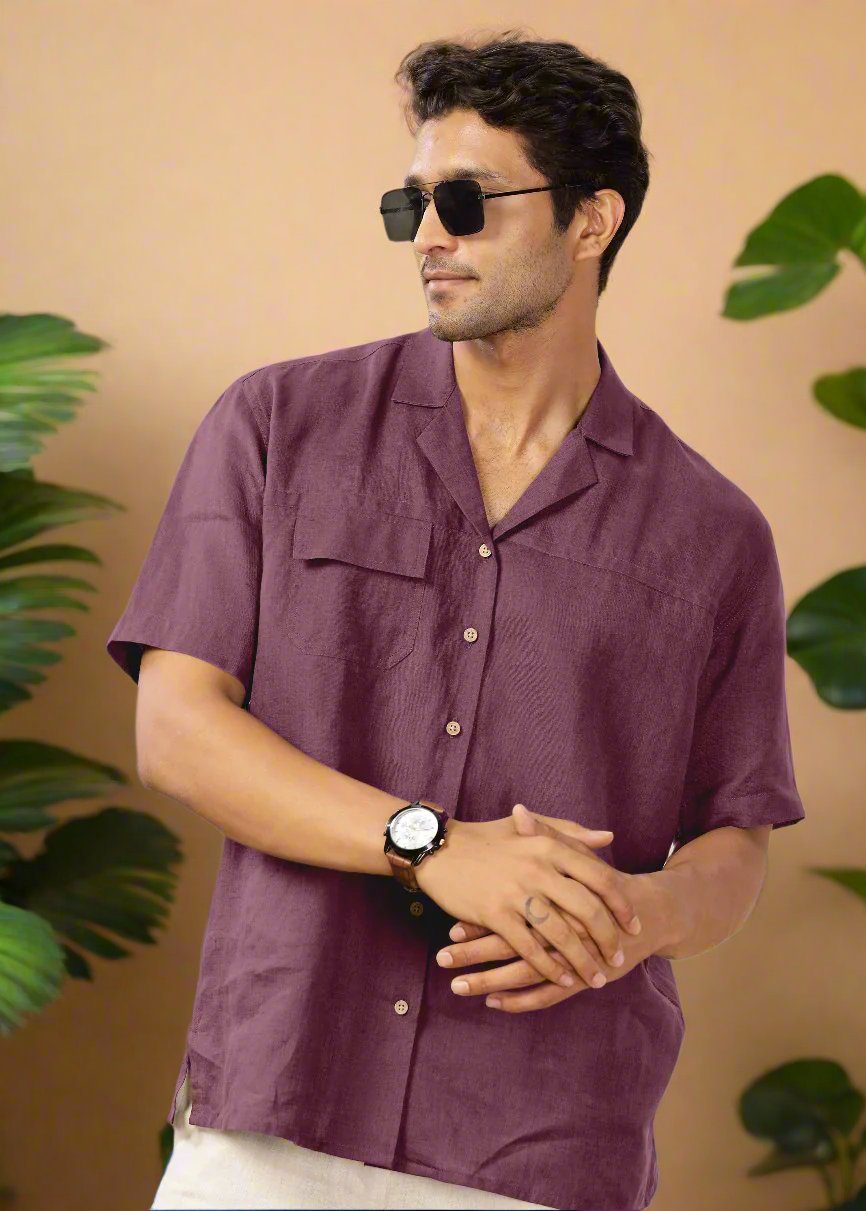 Jonas - Oversized Pure Linen Cuban Collar Short Sleeve Shirt - Twilight Purple