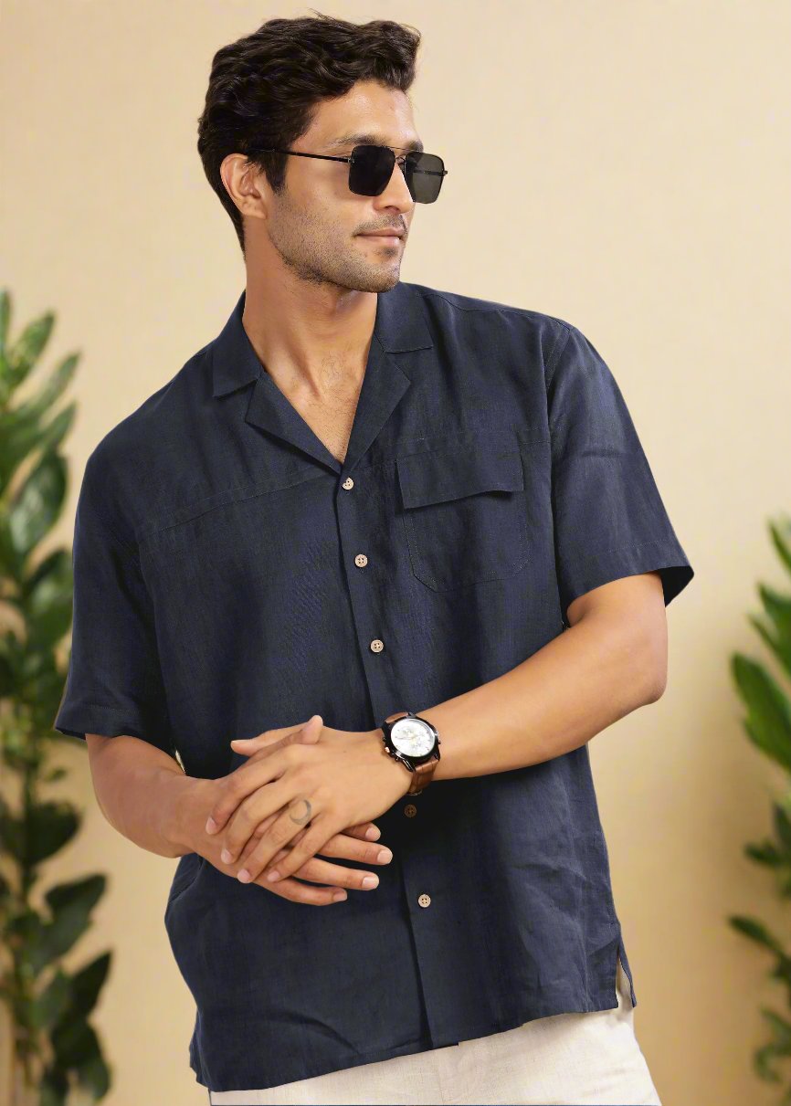 Jonas - Oversized Pure Linen Cuban Collar Short Sleeve Shirt - Navy Blue