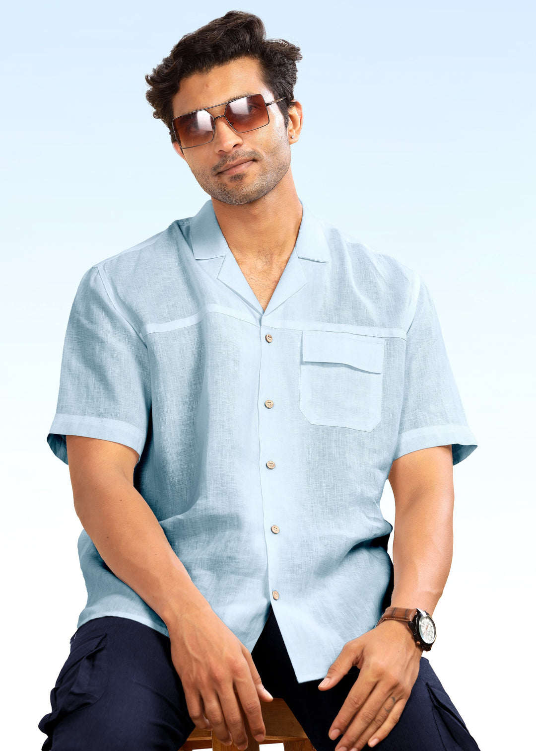 Jonas - Oversized Pure Linen Cuban Collar Short Sleeve Shirt - Sky Blue