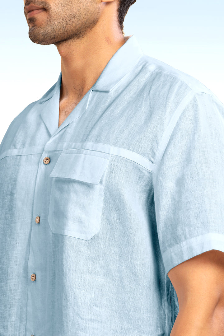 Jonas - Oversized Pure Linen Cuban Collar Short Sleeve Shirt - Sky Blue