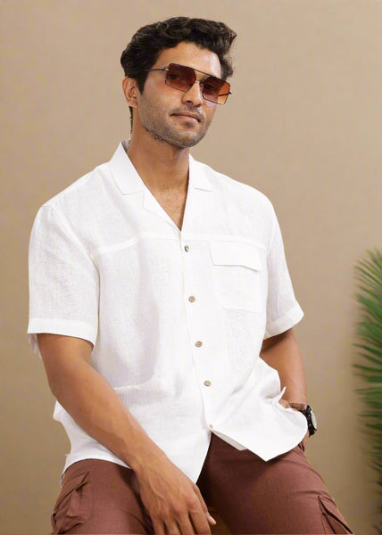 Oversized White Pure Linen Cuban Collar Short Sleeve Shirt With