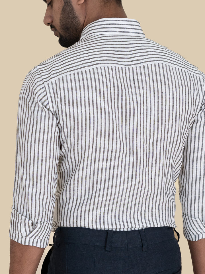 Ken - Pure Linen Striped Full Sleeve Shirt - Black & White