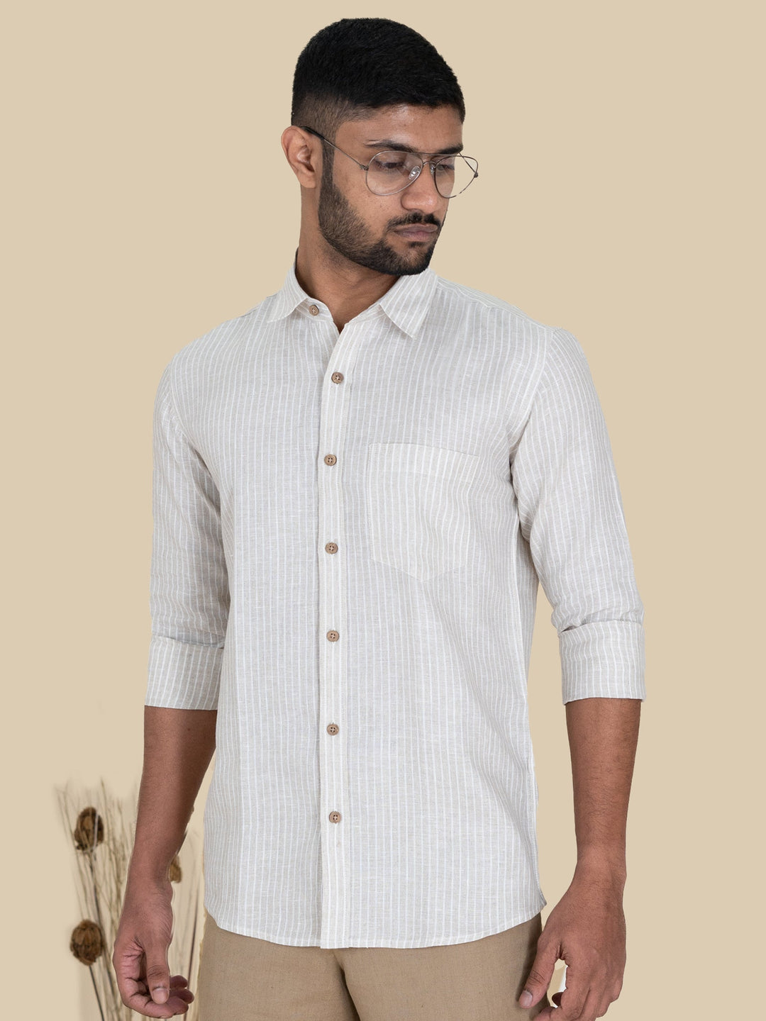 Ken - Pure Linen Striped Full Sleeve Shirt - Ecru & White | Rescue