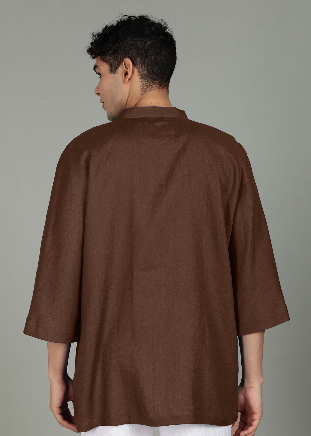 Kenshi - Three Quarter Sleeve Pure Linen Short Kimono Kurta with Pockets - Coffee Brown