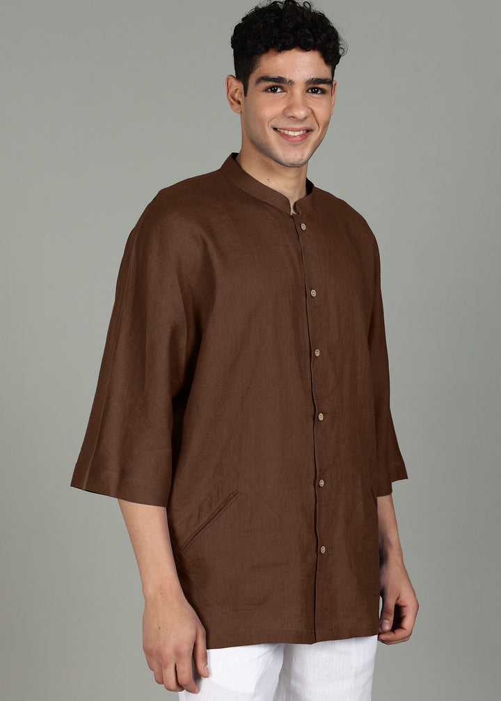 Kenshi - Three Quarter Sleeve Pure Linen Short Kimono Kurta with Pockets - Coffee Brown