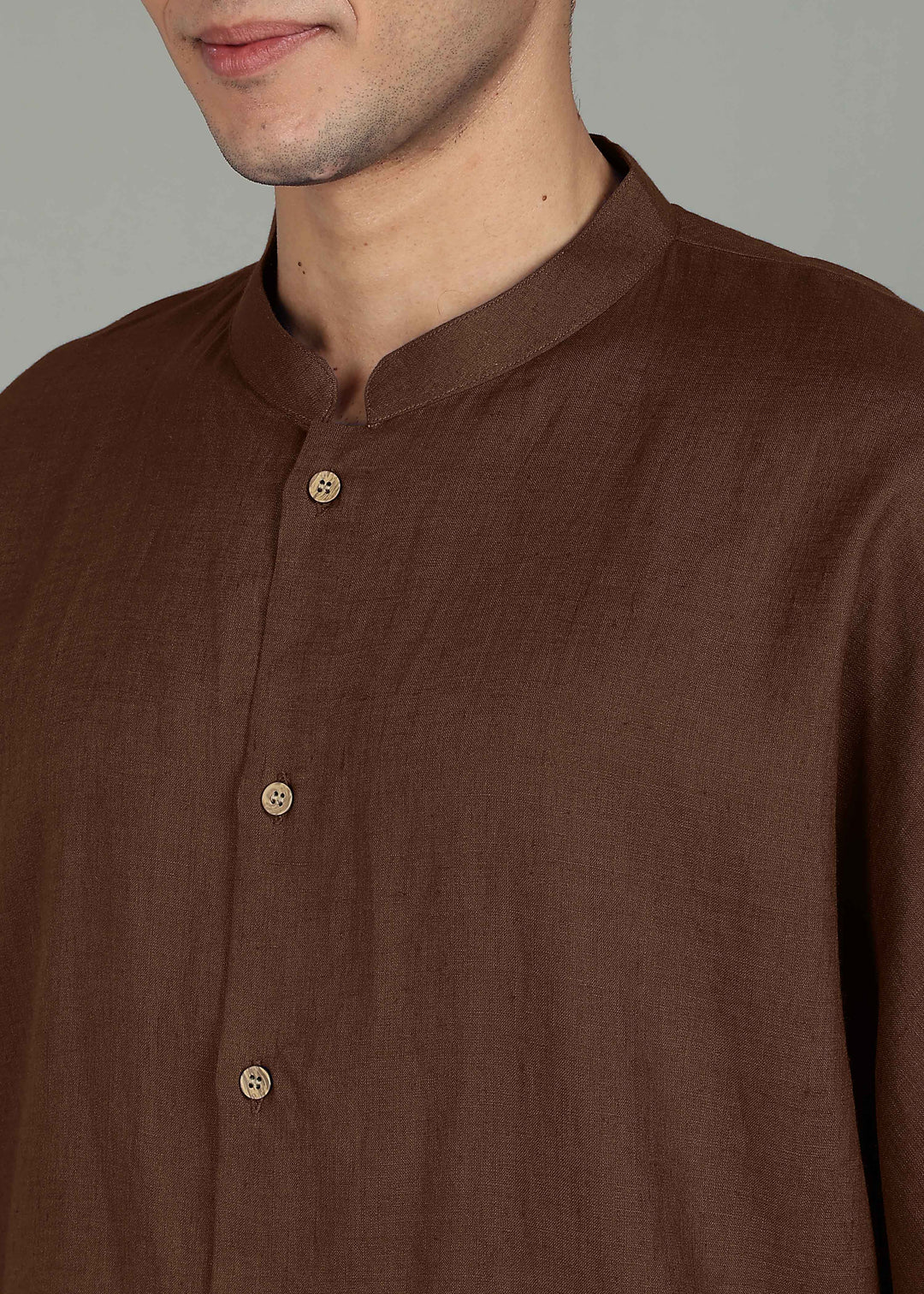 Kenshi - Three Quarter Sleeve Pure Linen Short Kimono Kurta with Pockets - Coffee Brown