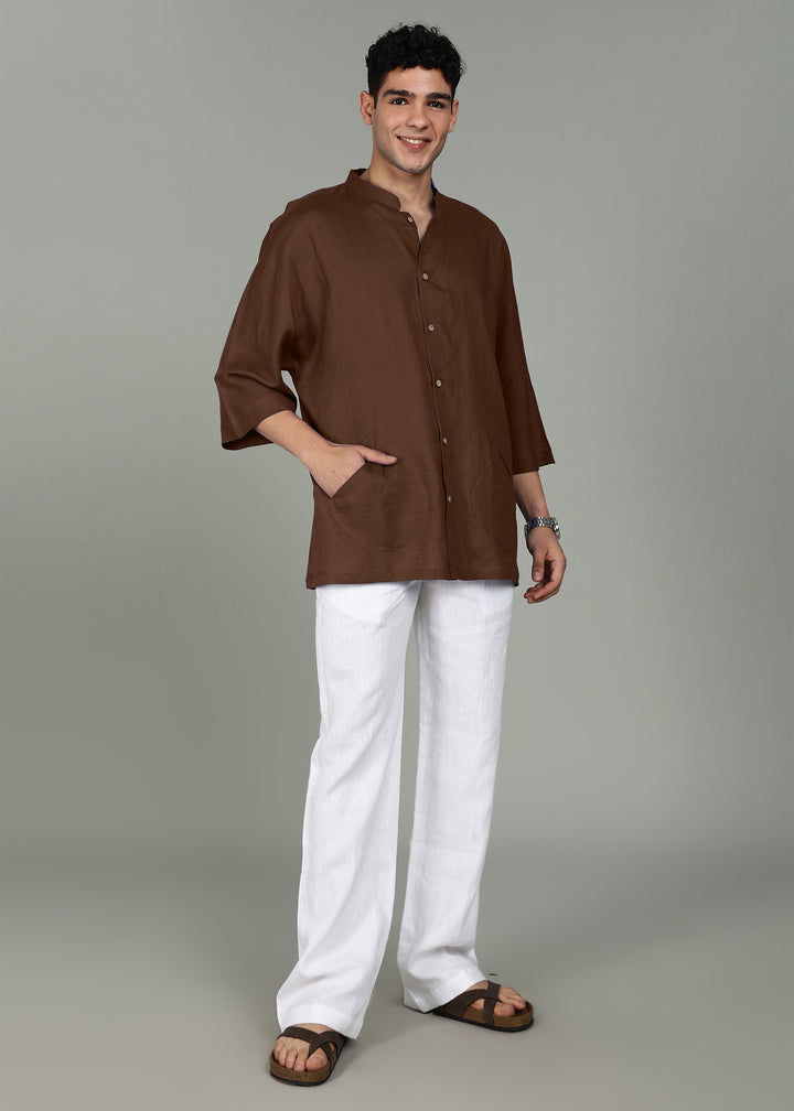 Kenshi - Three Quarter Sleeve Pure Linen Short Kimono Kurta with Pockets - Coffee Brown