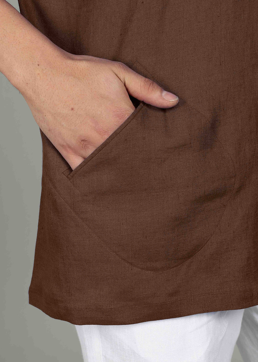 Kenshi - Three Quarter Sleeve Pure Linen Short Kimono Kurta with Pockets - Coffee Brown