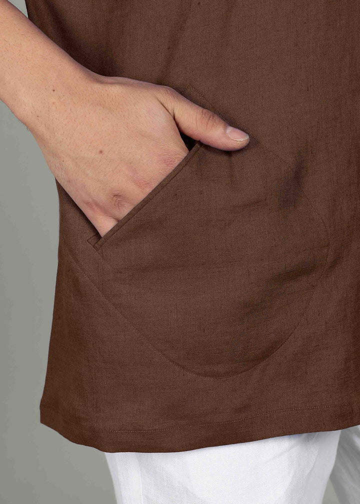 Kenshi - Three Quarter Sleeve Pure Linen Short Kimono Kurta with Pockets - Coffee Brown