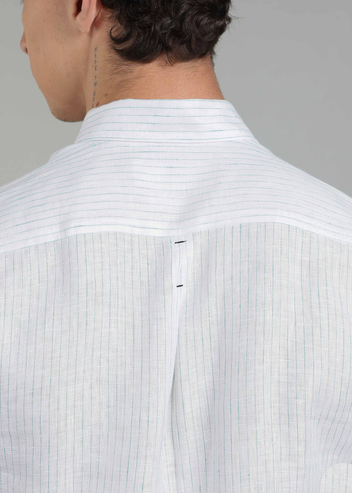 Kent - Pure Linen Full Sleeve Shirt - Turquoise Pinstripe