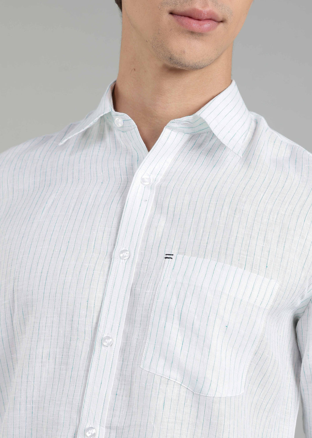 Kent - Pure Linen Full Sleeve Shirt - Turquoise Pinstripe