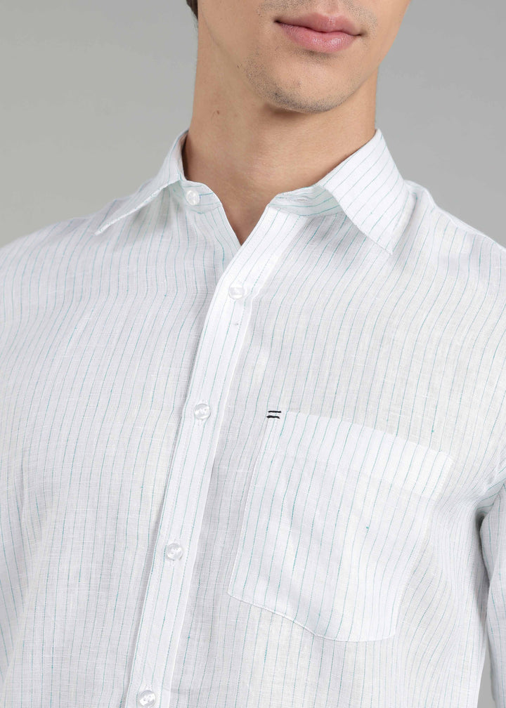 Kent - Pure Linen Full Sleeve Shirt - Turquoise Pinstripe