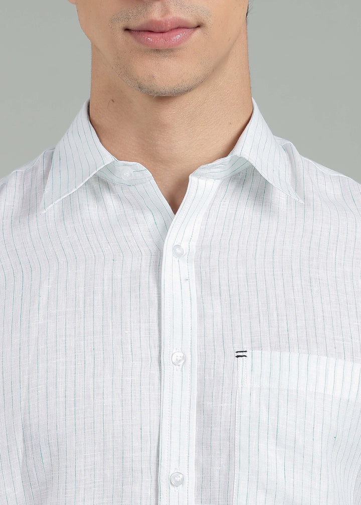 Kent - Pure Linen Full Sleeve Shirt - Turquoise Pinstripe