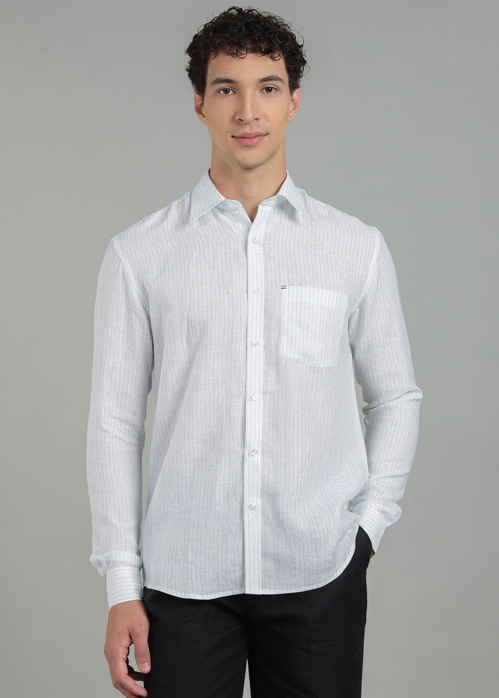 Kent - Pure Linen Full Sleeve Shirt - Turquoise Pinstripe