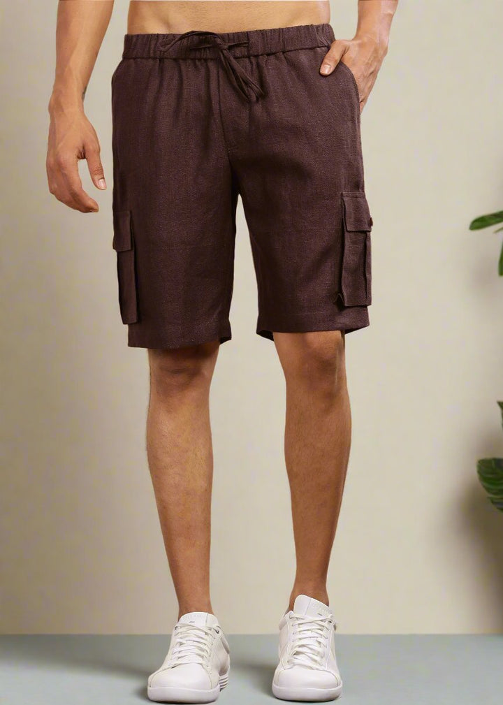 Kin - Linen Cargo Shorts With Square Pocket- Cocoa Brown