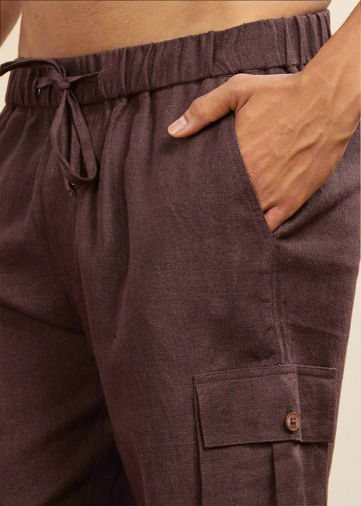Kin - Linen Cargo Shorts With Square Pocket- Cocoa Brown