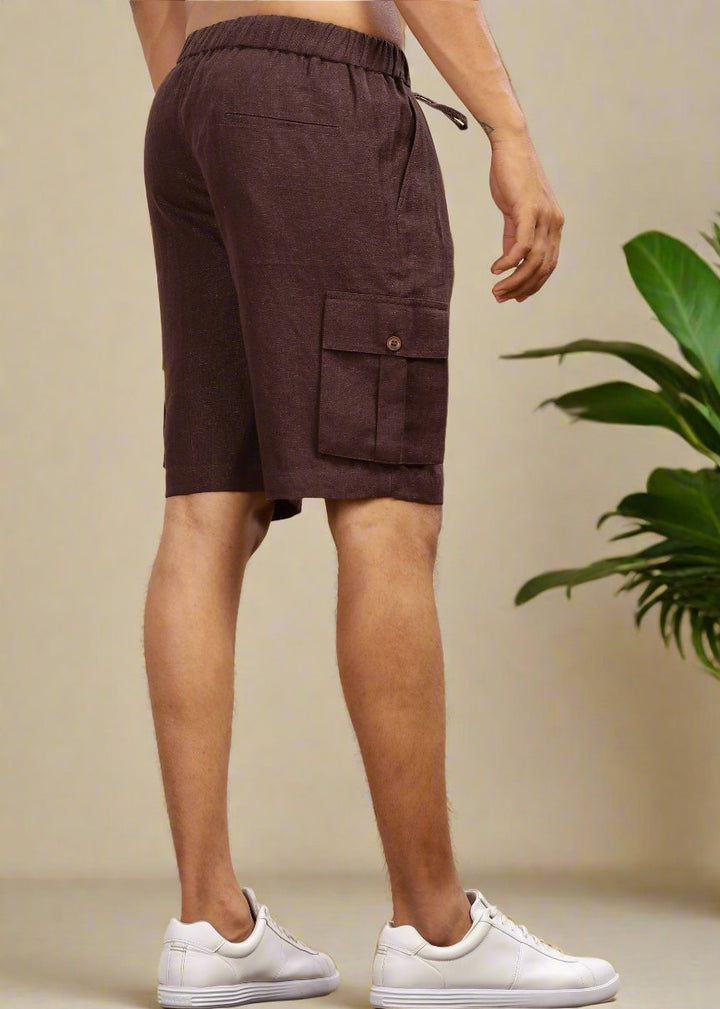 Kin - Linen Cargo Shorts With Square Pocket- Cocoa Brown
