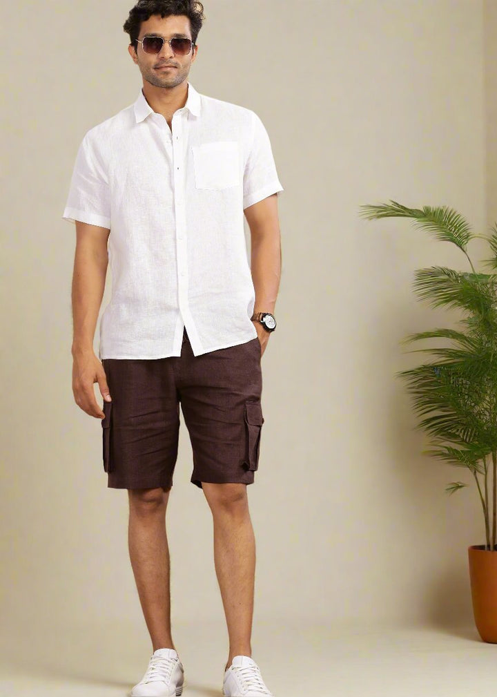 Kin - Linen Cargo Shorts With Square Pocket- Cocoa Brown