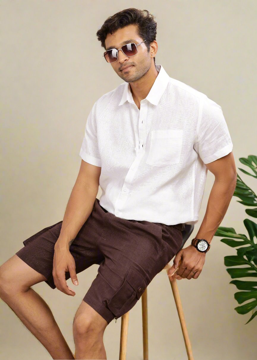 Kin - Linen Cargo Shorts With Square Pocket- Cocoa Brown