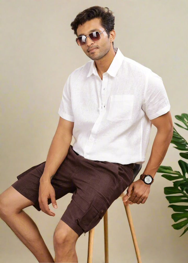 Kin - Linen Cargo Shorts With Square Pocket- Cocoa Brown