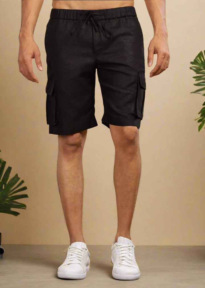 Kin - Linen Cargo Shorts With Square Pocket- Black