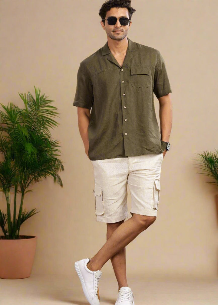 Kin - Linen Cargo Shorts With Square Pocket- Ecru