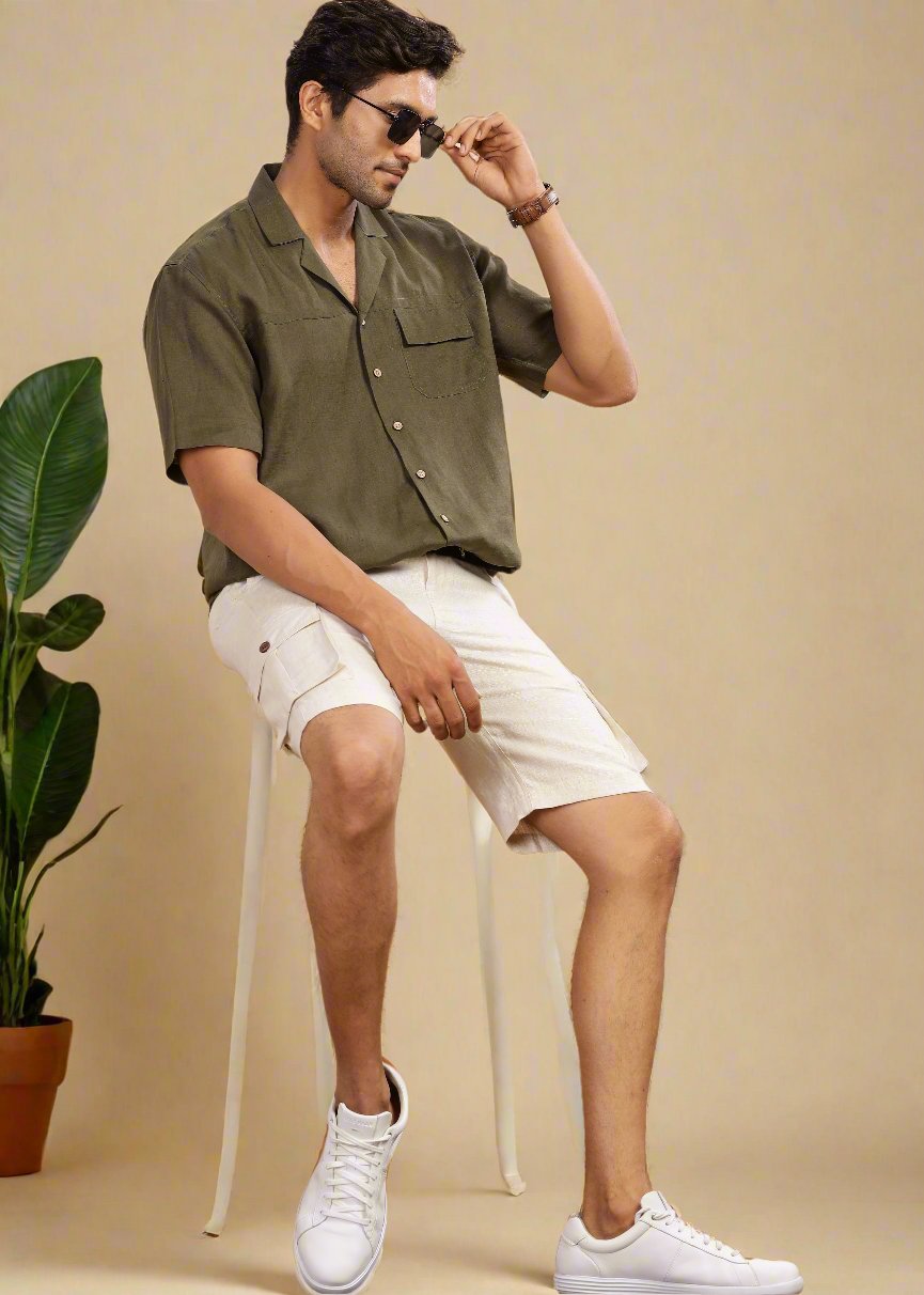 Kin - Linen Cargo Shorts With Square Pocket- Ecru