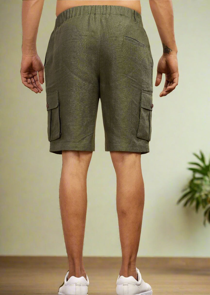 Kin - Linen Cargo Shorts With Square Pocket- Military Green