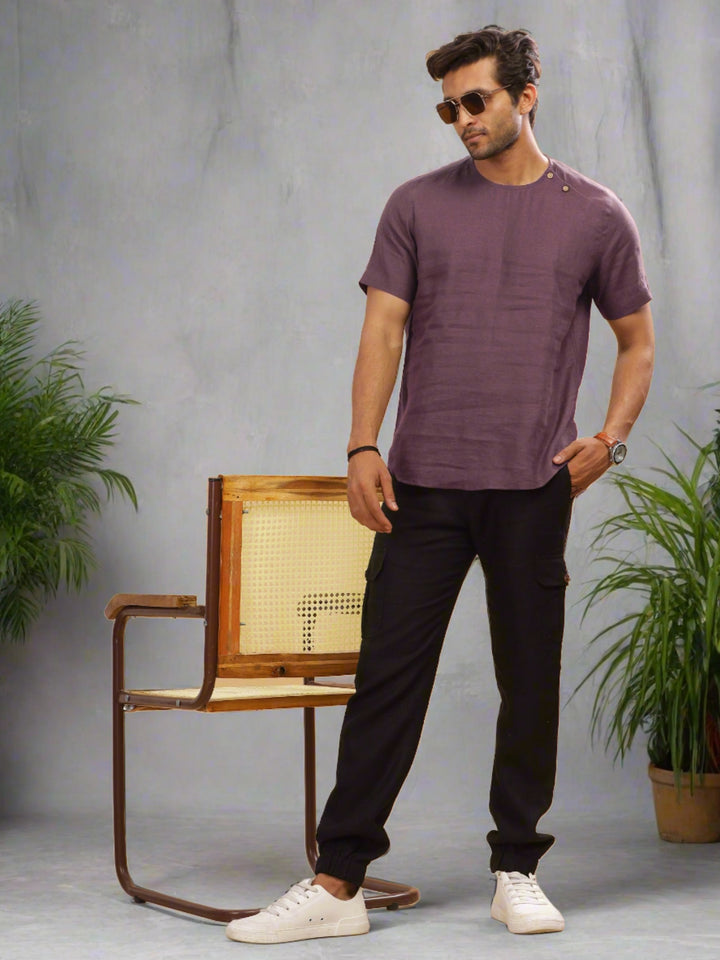 Kobe - Pure Linen Short Sleeve T-Shirt - Berry Purple