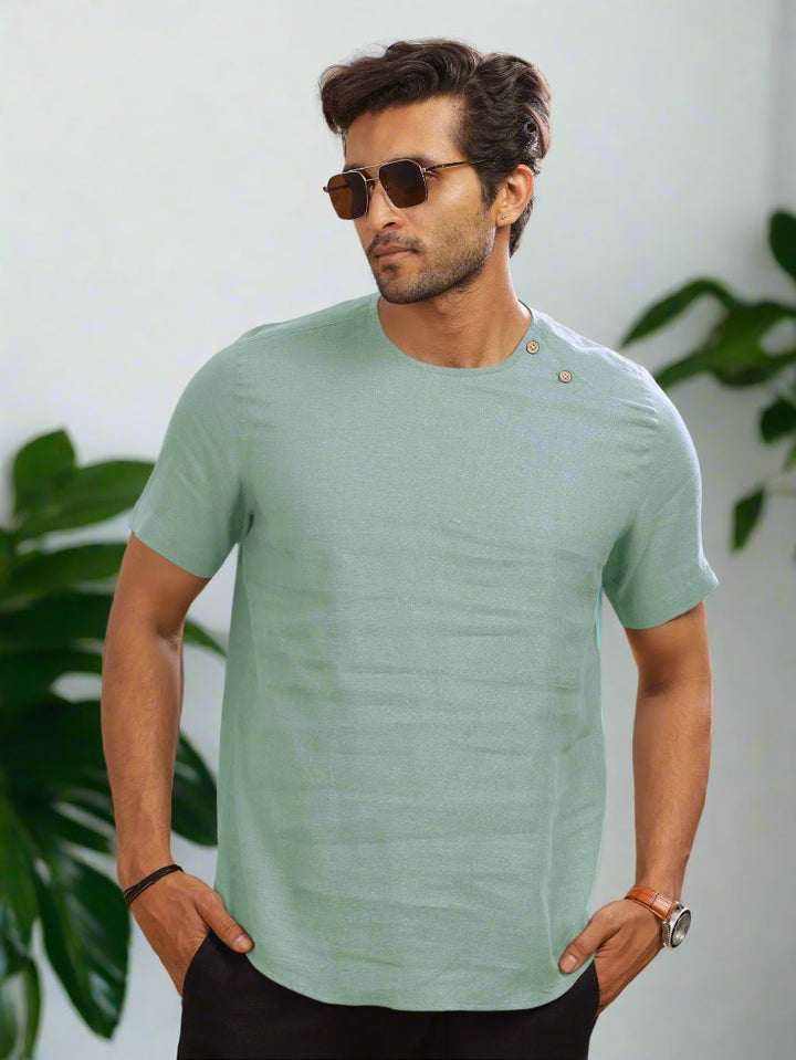 Kobe - Pure Linen Short Sleeve T-Shirt - Aqua Green