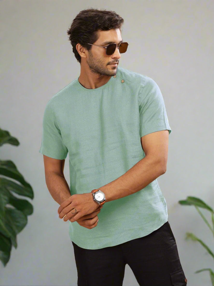 Kobe - Pure Linen Short Sleeve T-Shirt - Aqua Green