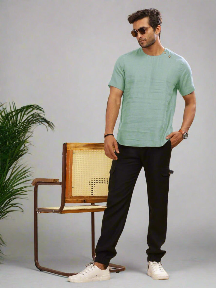 Kobe - Pure Linen Short Sleeve T-Shirt - Aqua Green