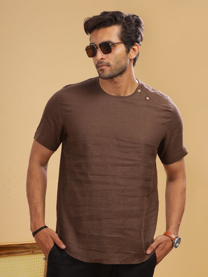 Kobe - Pure Linen Short Sleeve T-Shirt - Coffee Brown