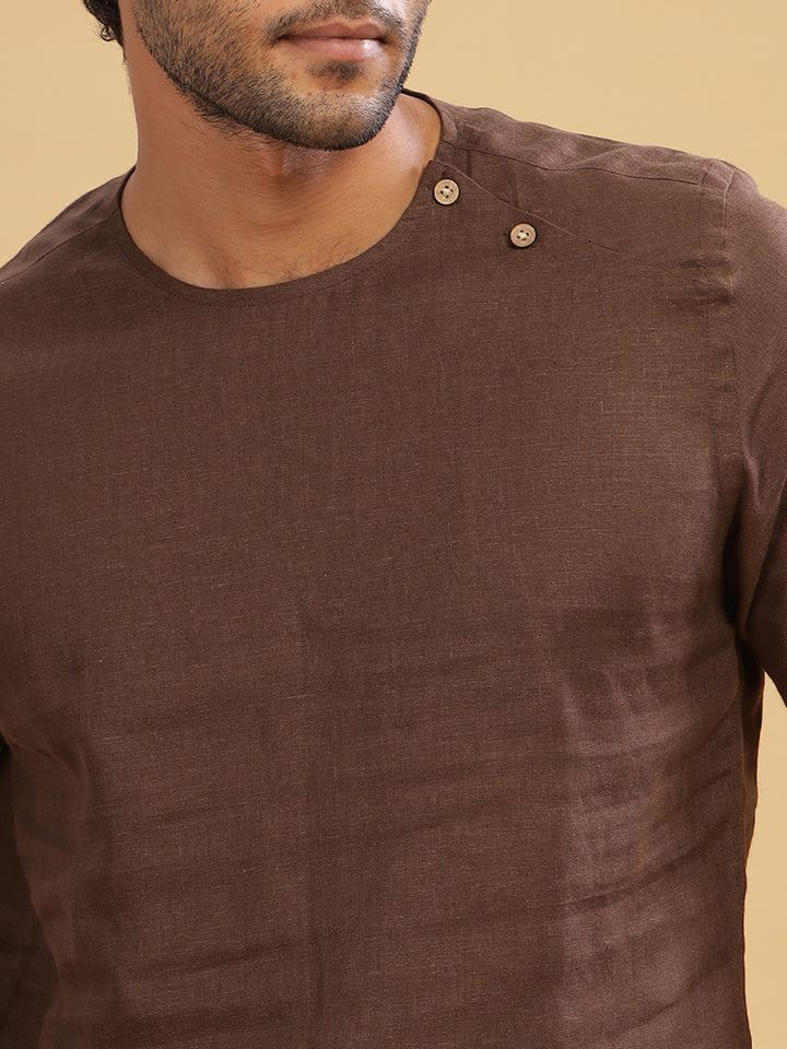 Kobe - Pure Linen Short Sleeve T-Shirt - Coffee Brown