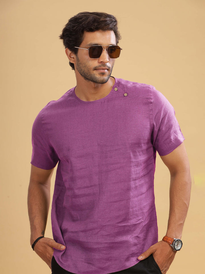 Kobe - Pure Linen Short Sleeve T-Shirt - Berry Purple