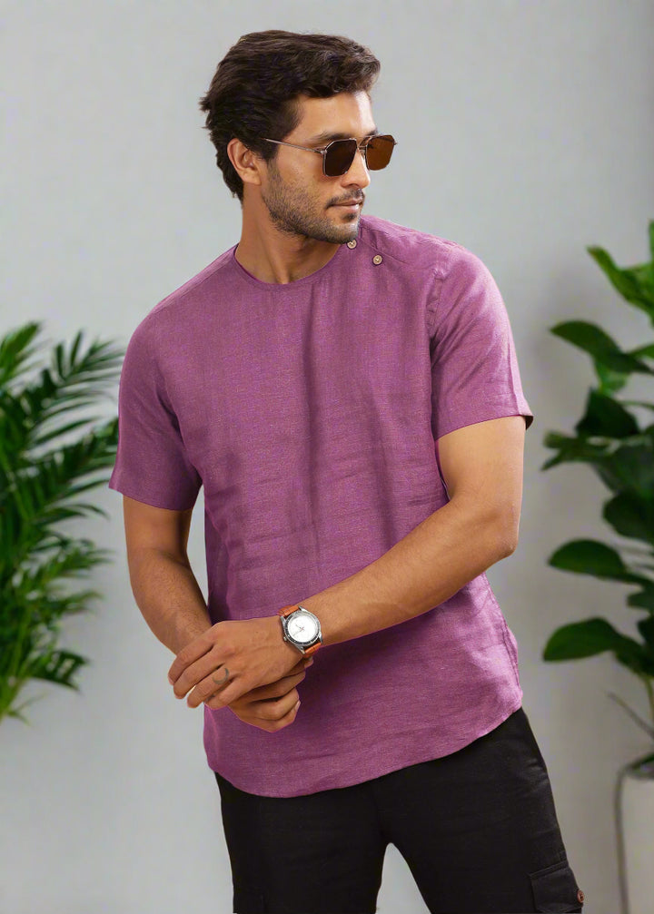 Kobe - Pure Linen Short Sleeve T-Shirt - Berry Purple