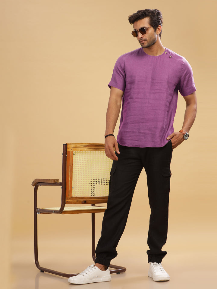 Kobe - Pure Linen Short Sleeve T-Shirt - Berry Purple