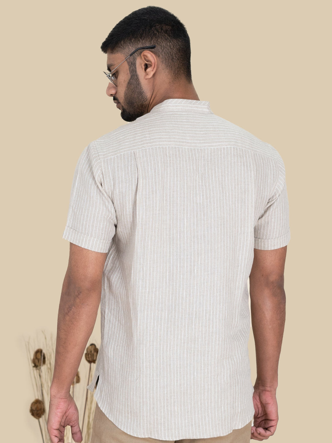 Kurt - Pure Linen Striped Half Sleeve Shirt - White & Ecru | Rescue