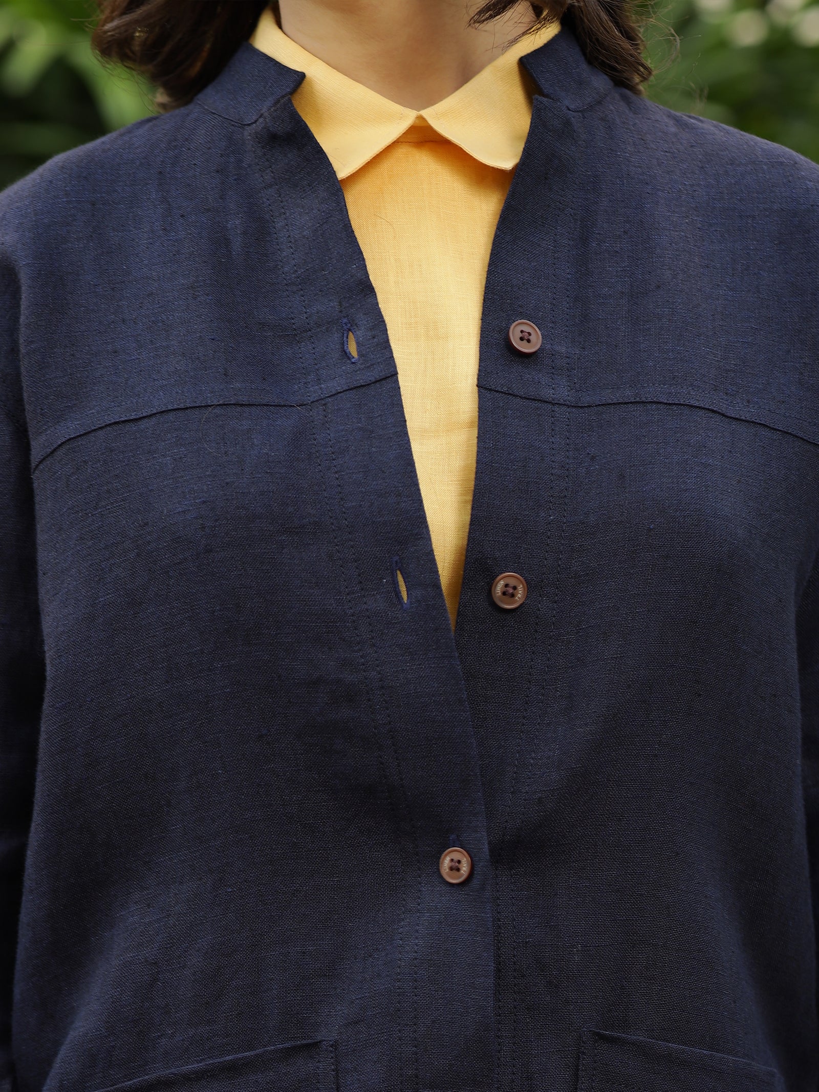 Dark Blue Lana Pure Linen Shacket with Mandarin Collar for Women