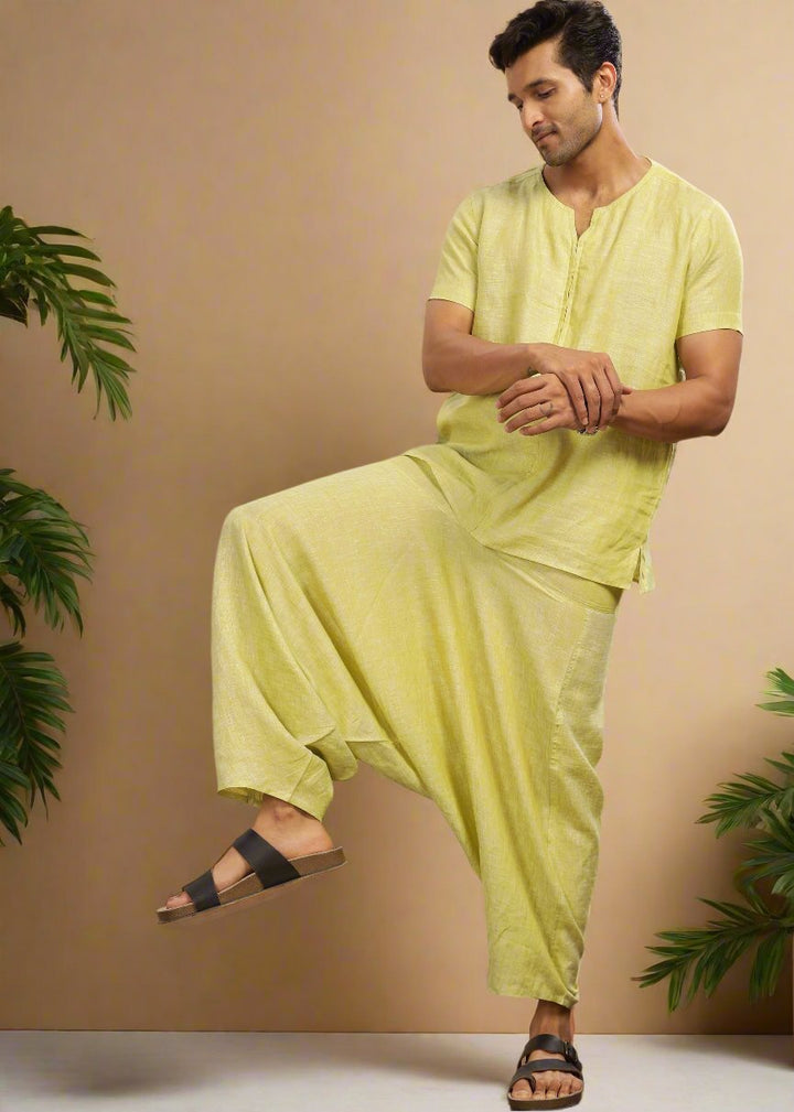 Linen T-Shirt & Harem Pants Co-Ord Set | Lime Green Chambray